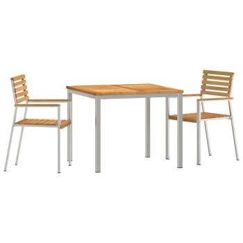 3-teiliges Garten Esszimmer Set Massivholz Teak, Outdoor Esstisch 90x90x74.5 cm Massivholz Teak, Stapelbare Gartenstühle 2 Stk Massivholz Teak und Stahl