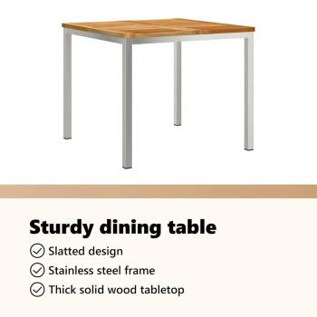 3-teiliges Garten Esszimmer Set Massivholz Teak, Outdoor Esstisch 90x90x74.5 cm Massivholz Teak, Stapelbare Gartenstühle 2 Stk Massivholz Teak und Stahl