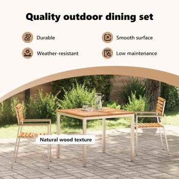 3-teiliges Garten Esszimmer Set Massivholz Teak, Outdoor Esstisch 90x90x74.5 cm Massivholz Teak, Stapelbare Gartenstühle 2 Stk Massivholz Teak und Stahl