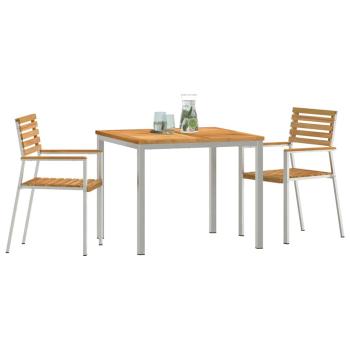 3-teiliges Garten Esszimmer Set Massivholz Teak, Outdoor Esstisch 90x90x74.5 cm Massivholz Teak, Stapelbare Gartenstühle 2 Stk Massivholz Teak und Stahl