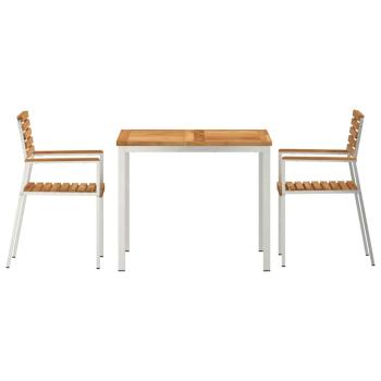 3-teiliges Garten Esszimmer Set Massivholz Teak, Outdoor Esstisch 90x90x74.5 cm Massivholz Teak, Stapelbare Gartenstühle 2 Stk Massivholz Teak und Stahl