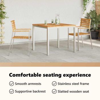 3-teiliges Garten Esszimmer Set Massivholz Teak, Outdoor Esstisch 90x90x74.5 cm Massivholz Teak, Stapelbare Gartenstühle 2 Stk Massivholz Teak und Stahl