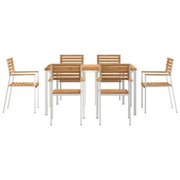 7-teiliges Garten Essset aus massivem Teakholz, Außentisch 150x90x75 cm aus massivem Teakholz, Stapelbare Gartenstühle 2 Stück aus massivem Teak und Stahl, Stapelbare Gartenstühle 4 Stück aus massivem Teak und Stahl