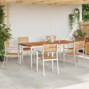 7-teiliges Gartentischset aus massivem Holz Teak, Outdoor-Eßtisch 200x90x74,5 cm aus massivem Holz Teak, Stapelbare Gartenstühle 2 Stück aus massivem Holz Teak und Stahl, Stapelbare Gartenstühle 4 Stück aus massivem Holz Teak und Stahl