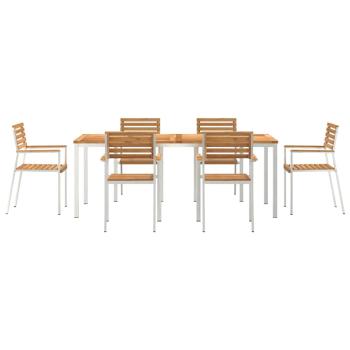 7-teiliges Gartentischset aus massivem Holz Teak, Outdoor-Eßtisch 200x90x74,5 cm aus massivem Holz Teak, Stapelbare Gartenstühle 2 Stück aus massivem Holz Teak und Stahl, Stapelbare Gartenstühle 4 Stück aus massivem Holz Teak und Stahl