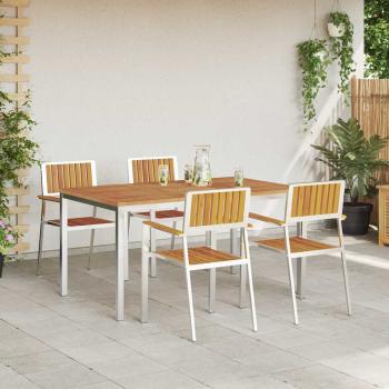 5-teilige Garten Essgruppe aus massivem Akazienholz, Esstisch für draußen 150x90x75 cm aus massivem Akazienholz, Stapelbare Gartenstühle 4 Stück aus massivem Akazienholz und Metall