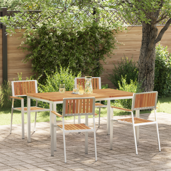 5-teilige Garten Essgruppe aus massivem Akazienholz, Esstisch für draußen 150x90x75 cm aus massivem Akazienholz, Stapelbare Gartenstühle 4 Stück aus massivem Akazienholz und Metall