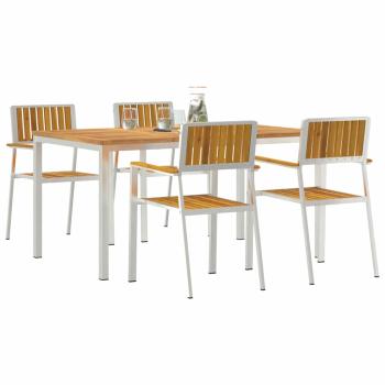 5-teilige Garten Essgruppe aus massivem Akazienholz, Esstisch für draußen 150x90x75 cm aus massivem Akazienholz, Stapelbare Gartenstühle 4 Stück aus massivem Akazienholz und Metall