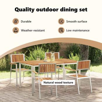 5-teilige Garten Essgruppe aus massivem Akazienholz, Esstisch für draußen 150x90x75 cm aus massivem Akazienholz, Stapelbare Gartenstühle 4 Stück aus massivem Akazienholz und Metall