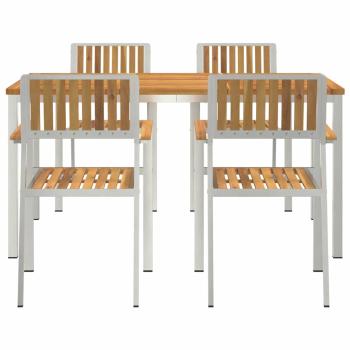 5-teilige Garten Essgruppe aus massivem Akazienholz, Esstisch für draußen 150x90x75 cm aus massivem Akazienholz, Stapelbare Gartenstühle 4 Stück aus massivem Akazienholz und Metall
