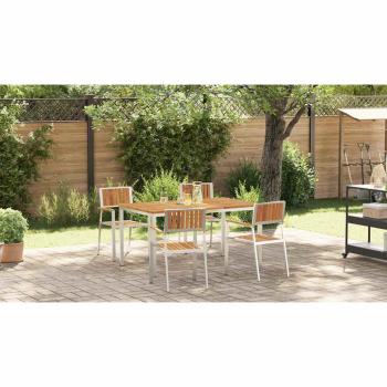 5-teilige Garten Essgruppe aus massivem Akazienholz, Esstisch für draußen 150x90x75 cm aus massivem Akazienholz, Stapelbare Gartenstühle 4 Stück aus massivem Akazienholz und Metall