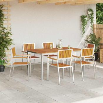 7-teiliges Garten Essgruppe aus massivem Akazienholz, Esstisch 150x90x75 cm aus massivem Akazienholz, Stapelbare Gartenstühle 2 Stück aus massivem Akazienholz und Metall, Stapelbare Gartenstühle 4 Stück aus massivem Akazienholz und Metall