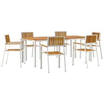 7-teilige Garten Essgruppe aus massivem Akazienholz, Outdoor Esstisch 200x90x74,5 cm aus massivem Akazienholz, Stapelbare Gartenstühle 2 Stück aus massivem Akazienholz und Metall, Stapelbare Gartenstühle 4 Stück aus massivem Akazienholz und Metall