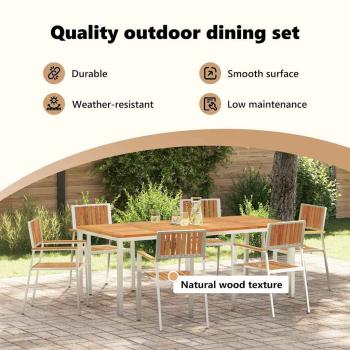 7-teilige Garten Essgruppe aus massivem Akazienholz, Outdoor Esstisch 200x90x74,5 cm aus massivem Akazienholz, Stapelbare Gartenstühle 2 Stück aus massivem Akazienholz und Metall, Stapelbare Gartenstühle 4 Stück aus massivem Akazienholz und Metall