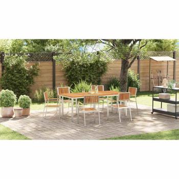 7-teilige Garten Essgruppe aus massivem Akazienholz, Outdoor Esstisch 200x90x74,5 cm aus massivem Akazienholz, Stapelbare Gartenstühle 2 Stück aus massivem Akazienholz und Metall, Stapelbare Gartenstühle 4 Stück aus massivem Akazienholz und Metall
