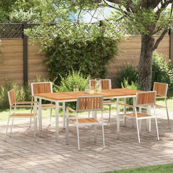7-teilige Garten Essgruppe aus massivem Akazienholz, Outdoor Esstisch 200x90x74,5 cm aus massivem Akazienholz, Stapelbare Gartenstühle 2 Stück aus massivem Akazienholz und Metall, Stapelbare Gartenstühle 4 Stück aus massivem Akazienholz und Metall