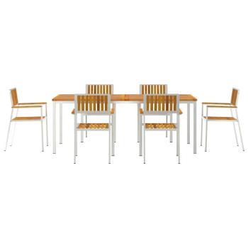 7-teilige Garten Essgruppe aus massivem Akazienholz, Outdoor Esstisch 200x90x74,5 cm aus massivem Akazienholz, Stapelbare Gartenstühle 2 Stück aus massivem Akazienholz und Metall, Stapelbare Gartenstühle 4 Stück aus massivem Akazienholz und Metall