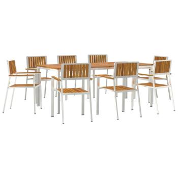 9-teiliges Garten Essgruppe aus solidem Akazienholz, Outdoor Esstisch 200x90x74.5 cm aus solidem Akazienholz, Stapelbare Gartenstühle 4 Stück aus solidem Akazienholz und Metall
