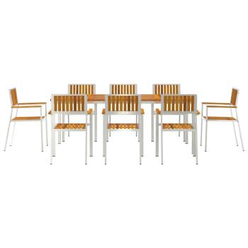 9-teiliges Garten Essgruppe aus solidem Akazienholz, Outdoor Esstisch 200x90x74.5 cm aus solidem Akazienholz, Stapelbare Gartenstühle 4 Stück aus solidem Akazienholz und Metall