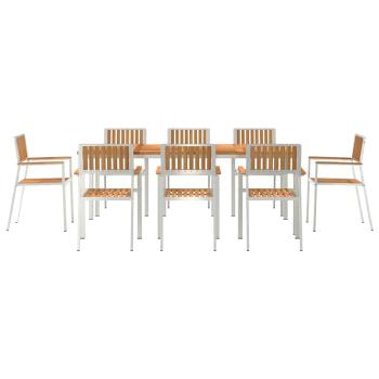 9-teilige Garten Essgruppe Massivholz Teak, Outdoor Esstisch 200x90x74.5 cm Massivholz Teak, Stapelbare Gartenstühle 4 Stück Massivholz Teak und Metall
