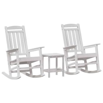 3-teiliges Garten Loungeset Weiß HDPE, Garten Schaukelstuhl Weiß 70x92x108 cm HDPE, Adirondack Beistelltisch Weiß 38x38x45 cm HDPE