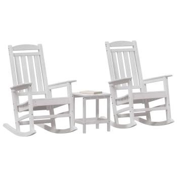 3-teiliges Garten Loungeset Weiß HDPE, Garten Schaukelstuhl Weiß 70x92x108 cm HDPE, Adirondack Beistelltisch Weiß 38x38x45 cm HDPE