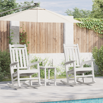 3-teiliges Garten Loungeset Weiß HDPE, Garten Schaukelstuhl Weiß 70x92x108 cm HDPE, Adirondack Beistelltisch Weiß 38x38x45 cm HDPE