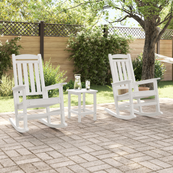 3-teiliges Garten Loungeset Weiß HDPE, Garten Schaukelstuhl Weiß 70x92x108 cm HDPE, Adirondack Beistelltisch Weiß 38x38x45 cm HDPE