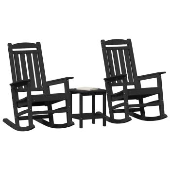 3-teiliges Garten Lounge Set Schwarz HDPE, Schaukelstuhl Schwarz 70x92x108 cm HDPE, Adirondack Beistelltisch Schwarz 38x38x45 cm HDPE