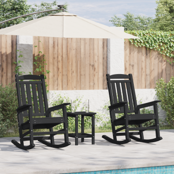 3-teiliges Garten Lounge Set Schwarz HDPE, Schaukelstuhl Schwarz 70x92x108 cm HDPE, Adirondack Beistelltisch Schwarz 38x38x45 cm HDPE