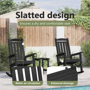 3-teiliges Garten Lounge Set Schwarz HDPE, Schaukelstuhl Schwarz 70x92x108 cm HDPE, Adirondack Beistelltisch Schwarz 38x38x45 cm HDPE