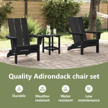 3-teiliges Garten-Lounge-Set Schwarz HDPE, Faltbarer Adirondack-Stuhl Schwarz 74,5x80,5x90 cm HDPE, Adirondack-Seitertisch Schwarz 38x38x45 cm HDPE