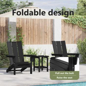 3-teiliges Garten-Lounge-Set Schwarz HDPE, Faltbarer Adirondack-Stuhl Schwarz 74,5x80,5x90 cm HDPE, Adirondack-Seitertisch Schwarz 38x38x45 cm HDPE