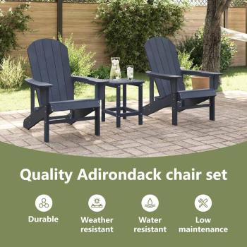 3-teiliges Gartenlounge-Set Marineblau HDPE, Adirondackstuhl Marineblau 74x82x91 cm HDPE, Adirondack-Beistelltisch Marineblau 38x38x46 cm HDPE