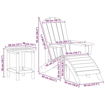 3-teiliges Garten Lounge Set Weiß HDPE, Adirondack-Stuhl mit Fußstütze Weiß HDPE, Adirondack Beistelltisch Weiß 38x38x45 cm HDPE