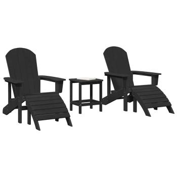 3-teiliges Garten Lounge Set Schwarz HDPE, Adirondack Stuhl mit Fußstütze Schwarz HDPE, Adirondack Beistelltisch Schwarz 38x38x45 cm HDPE