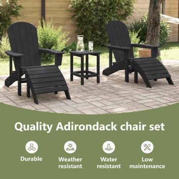 3-teiliges Garten Lounge Set Schwarz HDPE, Adirondack Stuhl mit Fußstütze Schwarz HDPE, Adirondack Beistelltisch Schwarz 38x38x45 cm HDPE
