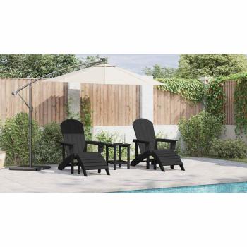 3-teiliges Garten Lounge Set Schwarz HDPE, Adirondack Stuhl mit Fußstütze Schwarz HDPE, Adirondack Beistelltisch Schwarz 38x38x45 cm HDPE