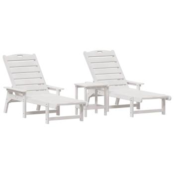 3-tlg. Garten Lounge Set Weiß HDPE, Sonnenliege Weiß 53x162x98.5 cm HDPE, Adirondack Beistelltisch Weiß 38x38x45 cm HDPE