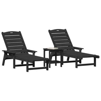 3-teiliges Gartenliege Set - Schwarz HDPE, Sonnenliege - Schwarz 53x162x98.5 cm HDPE, Adirondack Beistelltisch - Schwarz 38x38x45 cm HDPE