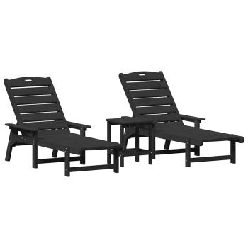 3-teiliges Gartenliege Set - Schwarz HDPE, Sonnenliege - Schwarz 53x162x98.5 cm HDPE, Adirondack Beistelltisch - Schwarz 38x38x45 cm HDPE
