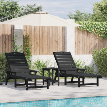 3-teiliges Gartenliege Set - Schwarz HDPE, Sonnenliege - Schwarz 53x162x98.5 cm HDPE, Adirondack Beistelltisch - Schwarz 38x38x45 cm HDPE