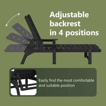 3-teiliges Gartenliege Set - Schwarz HDPE, Sonnenliege - Schwarz 53x162x98.5 cm HDPE, Adirondack Beistelltisch - Schwarz 38x38x45 cm HDPE