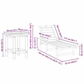 3-teiliges Garten-Loungeset Hellgrau HDPE, Sonnenliege Hellgrau 53x162x98.5 cm HDPE, Adirondack-Seitentisch Hellgrau 38x38x45 cm HDPE