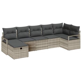 7-teiliges Garten-Sofa-Set mit Kissen in Hellgrau aus Poly-Rattan, 2-Sitzer Garten-Sofa mit Kissen in Grau aus Poly-Rattan