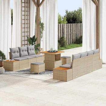ARDEBO.de - 10-teiliges Garten Sofa Set mit Kissen Beige Poly Rattan Akazie, 3-teiliges Garten Essset mit Kissen Beige Poly Rattan Akazie