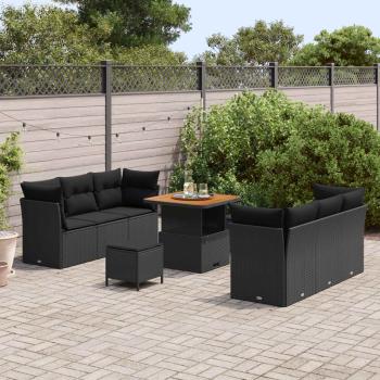 ARDEBO.de - 9-teiliges Garten-Sofa-Set mit Kissen in Schwarz Poly-Rattan Akazie, 3-teiliges Garten-Essset mit Kissen in Schwarz Poly-Rattan Akazie