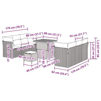9-teiliges Garten-Sofa-Set mit Kissen in Schwarz Poly-Rattan Akazie, 3-teiliges Garten-Essset mit Kissen in Schwarz Poly-Rattan Akazie