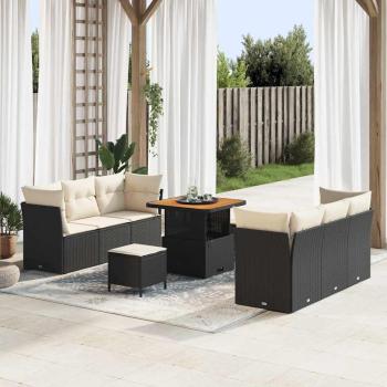 ARDEBO.de - Gartensofa-set mit Kissen 9 pcs Schwarz und Creme Poly-Rattan