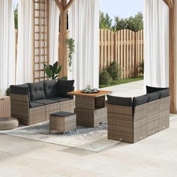 ARDEBO.de - 9-teiliges Garten Sofa Set mit Kissen Grau Poly Rattan Akazie, 3-teiliges Garten Essset mit Kissen Grau Poly Rattan Akazie